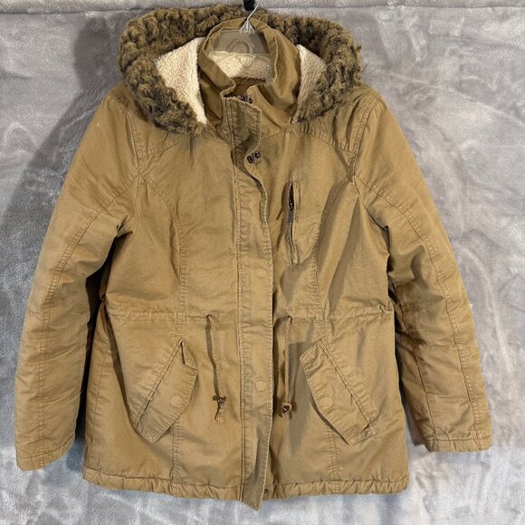 Rue21 Tan Hooded Faux Fur Lined Jacket Parka Women’s Medium - Picture 1 of 10